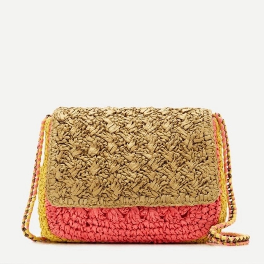 J. Crew Colorblocked Handwoven Raffia Crossbody Bag